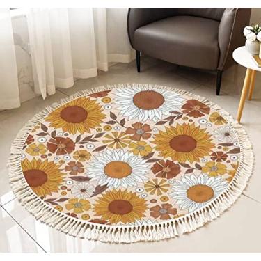 Imagem de Tapete de franja redondo boho outono floral girassol margarida flores sem costura jardim Groovy Boho tapete de linho tecido à mão pátio corredor tapete decoração de casa sala de estar mesa de banheiro