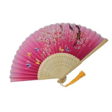 Imagem de Leque de Madeira Oriental Japonês Ventilador de Mão Estampado Chique(0013 Rosa borboletas coloridos)
