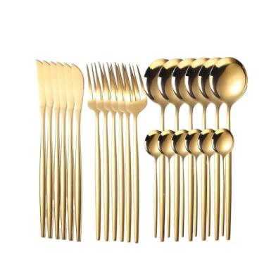 Imagem de Kit 24 Talheres De Aço Inox Garfo Colher Faca Colher De Mesa Para Uso Em Casa, Restaurantes Conjunto De Talheres(Golden)