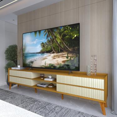 Imagem de Rack Ripado para TV até 85 Polegadas 4 Gavetas com Pés de Madeira Maciça em MDF Magnífico Gelius - Naturale/Off White