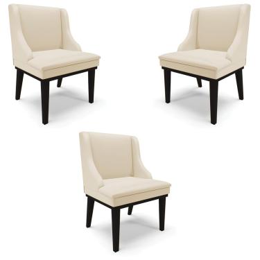 Imagem de Kit 3 Cadeiras Decorativas Sala de Jantar Base Fixa de Madeira Firenze PU Bege/Preto G19 - Gran Belo