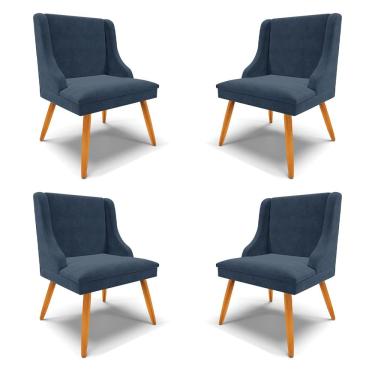 Imagem de Kit 4 Cadeiras Decorativas Sala de Jantar Pés Palito de Madeira Firenze Suede Azul Marinho/Natural G19 - Gran Belo