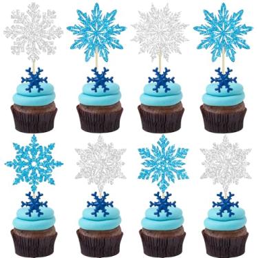 Imagem de Ephlyn 30Pcs Snowflake Cupcake Toppers Glitter Winter Snowflake Cupcake Picks Winter Frozen Cake Decorations Christmas Baby Shower Kids Birthday Party Supplies Blue Silver