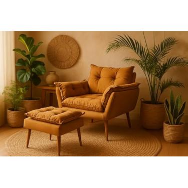 Imagem de Poltrona Decorativa com Puff, Estilo Moderno, Conjunto de Cadeira e Apoio para Pés, para Sala de Estar, Recepção, Quarto, Penteadeira e Closet (Mostarda)