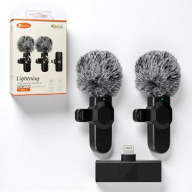 Imagem de Kit 2 unidades Microfone de Lapela, Lapela Sem Fio Duplo com Redutor de Ruído e Wind Shield Profissional para Vídeos de Gravação Externa ou Interna Compatível com Iphone - Conector Lightning