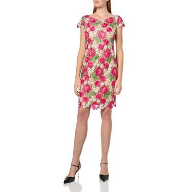 Imagem de Xscape Vestido midi feminino, manga curta, renda floral, bordado, bainha, Fushia/Nude, 40