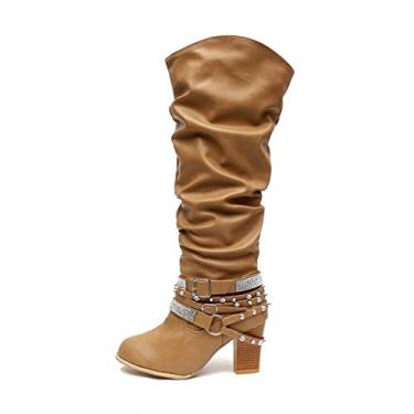 Imagem de Bigfanshu Botas femininas de cano alto liso bico fino salto quadrado botas até o joelho moda feminina vestido atlético fecho ocasião sapatos tornozelo e botinha Chelsea Boots, Amarelo, 8.5