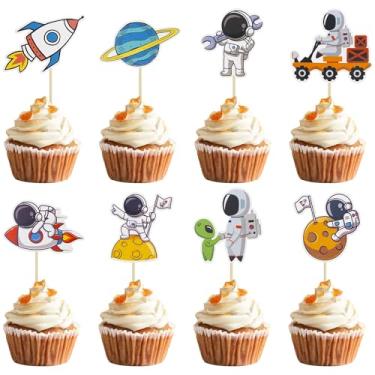 Imagem de Gyufise 40 peças Space Astronaut Cupcake Toppers Rocket Planet Viagem à Lua Palhetas Decorações para Chá de Bebê Meninos Meninas Aniversário Espaço Exterior Tema Festa Bolo Decorações Suprimentos