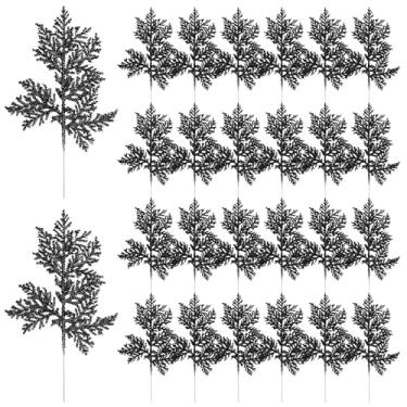 Imagem de DIYASY Ramos de glitter de árvore de Natal, 28 cm, folha de samambaia artificial, galhos de pinheiro, palitos florais, sprays de folhas, ornamentos para árvore de Natal, guirlanda de férias, decorações de casa (preto)