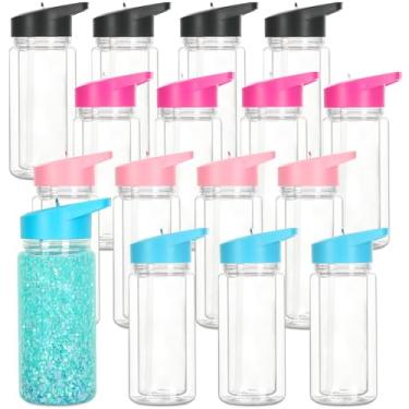 Imagem de Tswofia Pacote com 16 copos de globo de neve de plástico de 293 ml para crianças com orifício e plugue pré-perfurados, garrafa de água esportiva de parede dupla à prova de vazamento com alça portátil