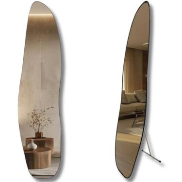 Imagem de Espelho de Chão, Espelho Grande Corpo Inteiro Orgânico Moldura Preta com Suporte de Chão(146x36cm)