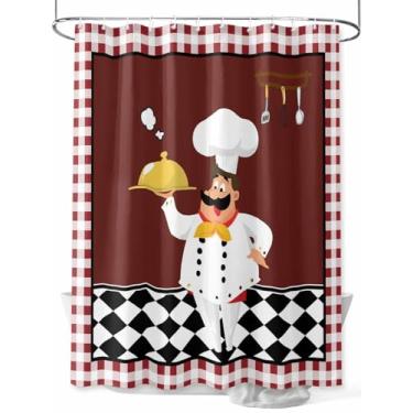 Imagem de Cortina de chuveiro de cozinha vintage xadrez vermelha, conjunto de cortinas de banheiro de tecido lavável à prova d'água Chef Gourmet para decoração de banheiro, 182 x 182 cm de comprimento, vermelho