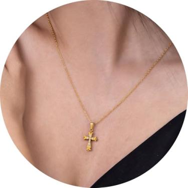 Imagem de Colar com pingente de cruz cristã com pedras brilhantes, joia inspirada na fé para mulheres, batismo ou confirmação perfeito, 35,5 a 45,7 cm + 5,7 cm + 5,7 cm, 16+2 Inches, Aço inoxidável, Sem Pedra