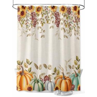 Imagem de Cortina de chuveiro de outono de ação de graças, laranja, verde-petróleo, abóbora, tecido lavável à prova d'água, conjunto de cortinas de banheiro para decoração de banheiro, 182 x 182 cm de