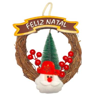 Imagem de Guirlanda de Natal Artesanal 20cm com Galhos Naturais, Plaquinha “Feliz Natal”, Pinheiro e Papai Noel – Decoração para Porta, Parede e Ambientes Internos