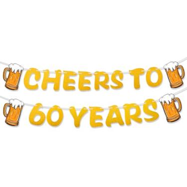 Imagem de Faixa Cheers to 60 Years com canecas de cerveja – Decorações de aniversário de 60 anos pré-amarradas com glitter dourado, suprimentos de festa de aniversário de casamento, decoração temática de Cheers