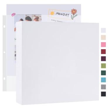 Imagem de Mublalbum Álbum de fotos de 30 x 30 cm, grande, 3 anéis, faça você mesmo, com 20 capas de plástico, 40 páginas, capa de linho, pasta para bebê, viagem, aniversário de casamento e projetos DIY (branco)