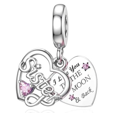 Imagem de LuxglitterLin Pingente de coração duplo Love You I Love You to the Moon and Back Bead compatível com pulseiras Pandora, Cobre Strass, Sem Pedra Preciosa