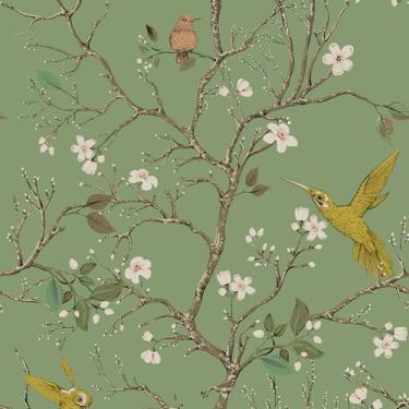 Imagem de VaryPaper Papel de parede vintage de 43 x 38 cm, pássaros, vintage, floral, papel de contato floral verde sálvia para paredes, ramos de flores, papel de parede de pássaros, autoadesivo, papel de