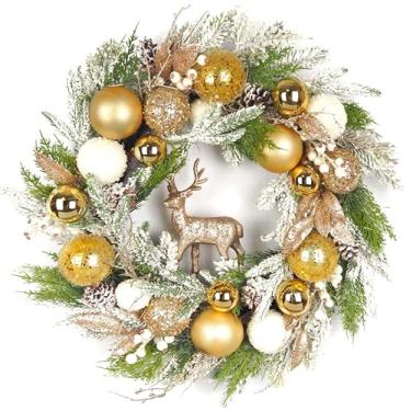 Imagem de FLOROAD Guirlanda de Natal artificial pré-iluminada de 66 a 71 cm para decoração de porta da frente com ornamentos de bola dourada ramos de pinheiro de resina de veado, grande iluminada de Natal para decoração ao ar livre