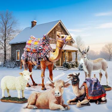 Imagem de Zonon Conjunto de 5 peças de animais de presépio de metal para decoração ao ar livre de Natal grande família sagrada ao ar livre com estacas placas de camelo, burro, ovelha, boi, quintal, decoração de