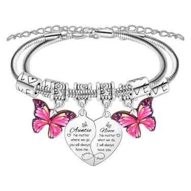 Imagem de BESPMOSP 2 peças, pulseira combinando coração tia sobrinha para mulheres, presentes de tia, presentes de sobrinha, presentes de aniversário para tia, pulseira com pingente de borboleta e joias