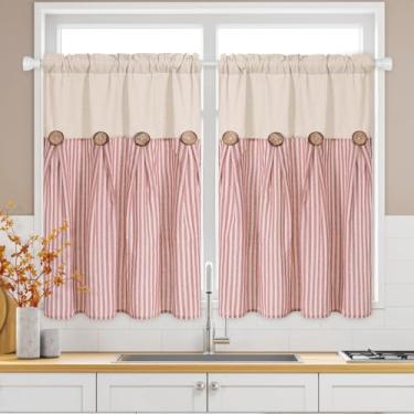 Imagem de ASPMIZ Boho Cortinas de cozinha de linho 91 cm de comprimento, cortina de janela de cozinha de fazenda sobre a pia, cortinas curtas listradas laranja para janelas pequenas, banheiro, varão, bolso