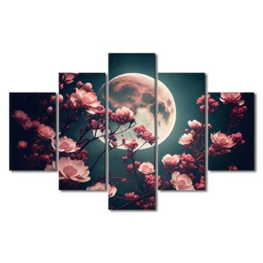 Imagem de Arte de parede em tela premium flores desabrochando à noite com paisagem de lua cheia arte impressa cinco painéis pintura emoldurada presente de inauguração de casa decoração de parede contemporânea