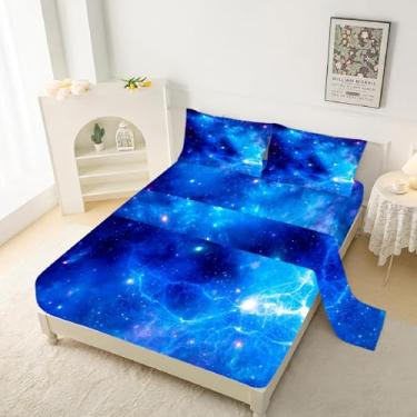 Imagem de kxry Jogo de lençol casal e queen com galáxia azul, espaço sideral, céu estrelado, universo e 1 lençol com elástico + 1 lençol de cima + 2 fronhas