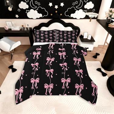 Imagem de Feelyou Conjunto de edredom fofo com laço e laço para todas as estações, com 1 fronha, rosa, preto, microfibra, roupa de cama solteiro, laço sonhador, decoração de quarto, edredom respirável, macio e