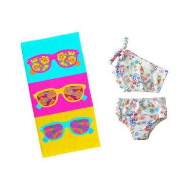 Imagem de Kit Biquíni Infantil Cropped Ombro Só + Toalha de Praia Banho 140x70cm