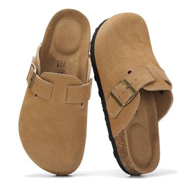 Imagem de Project Cloud Tamancos femininos de couro genuíno - Pantufas femininas com suporte de arco de espuma viscoelástica - Sandálias femininas modernas sem cadarço (Benton), Camurça enferrujada, 35