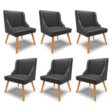 Imagem de Kit 6 Cadeiras Decorativas Sala De Jantar Pés Palito De Madeira Firenze Pu Preto Fosco/natural G19