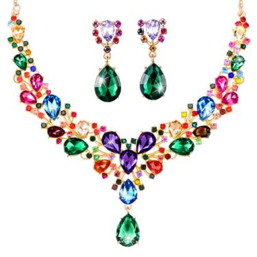 Imagem de Hicarer Conjunto de joias de cristal em forma de gota de noiva para mulheres, colar e brincos de casamento, One size, Metal, Sem Pedra Preciosa