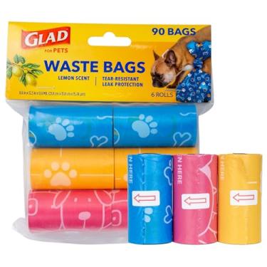 Imagem de Glad Para sacos de lixo perfumados de animais de estimação, sacos de coleta de cocô de estimação resistentes a rasgos com proteção contra vazamento, aroma de limão, designs multicoloridos, 6 rolos, 90