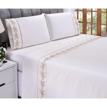 Imagem de Jogo Lençol Floral Quarto Casal Queen Bordado 4 Peças 2fronha Cor: Palha Com Caqui