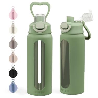 Imagem de SANDJEST Garrafa de água de vidro com manga de silicone 680 g com tampa, marcador de tempo motivacional, garrafas de vidro de hidratação para homens e mulheres, esportes de viagem na academia (Matcha)