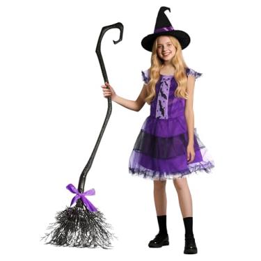 Imagem de BLmukce Fantasia de bruxa para meninas, conjunto de brincadeiras de Halloween para meninas de 3 a 8 anos, conjunto de fantasia de vestido de bruxa com chapéu e vassoura, presente para crianças de
