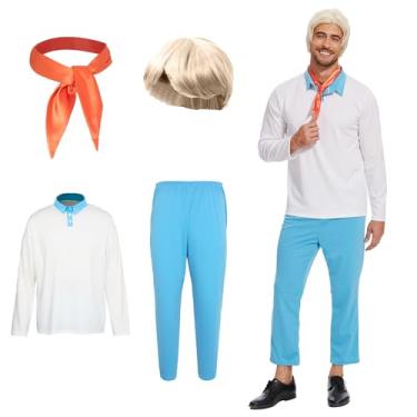 Imagem de KDAFJLKD Conjunto de filme clássico masculino adulto fantasia de Halloween camisa de manga comprida com peruca cachecol laranja e calças (2GG)