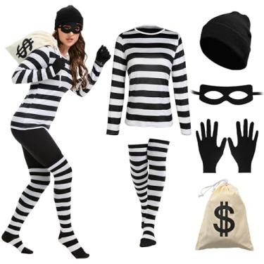 Imagem de QPAXUCR Conjunto de fantasia feminina de ladrão, conjunto de camiseta listrada preta e branca para festa de Halloween (pequeno)