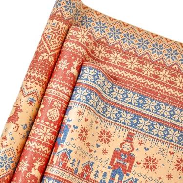 Imagem de LUVONA 3 rolos de papel de embrulho Kraft de Natal – Rena, floco de neve, homens de gengibre e quebra-nozes – Mini rolo 43 cm × 300 cm (3 m) – Padrão de suéter vintage para o Natal