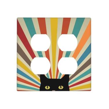 Imagem de JDAKHD Boho Vintage Retro Arco-íris Decorativas Capas de Tomada Bonito Gato 2 Gangues Placa de Parede Duplex Colorida Abstrata Capas Placa Elétrica Banheiro Quarto Cozinha Decoração