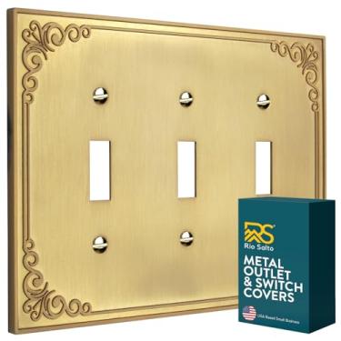 Imagem de Rio Salto Palazzo Collection Capa de placa de parede, capa de interruptor de luz de metal dourado, capas decorativas para tomadas de luz (latão escovado, ouro escovado, 3 interruptores 1PK)