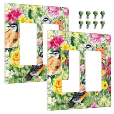 Imagem de Wmhusu Outlet Covers Coloridas Flores Aquarela Retrô Pássaro Floral 2 Gang Tampa Interruptor de Luz Dupla Placa Decorativa GFCI Receptáculo Placa Elétrica para Banheiro Quarto (2 unidades)