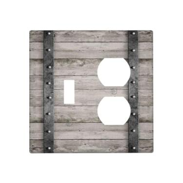 Imagem de DWBGUO Capas de tomada decorativas com barril de madeira de carvalho cinza vintage com design de faixas de ferro, placa de parede de 2 grupos, interruptor de luz duplex, combo de interruptor de luz
