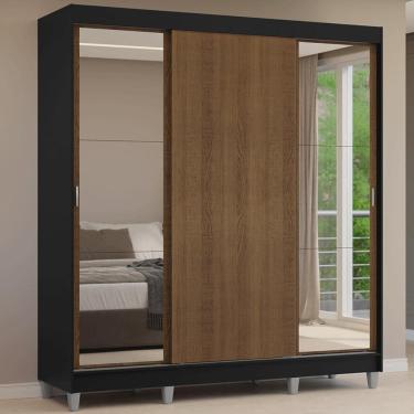 Imagem de Guarda-roupa Casal Com Pés 3 Portas De Correr Com Espelhos Preto/rustic Reno Madesa Preto/rustic