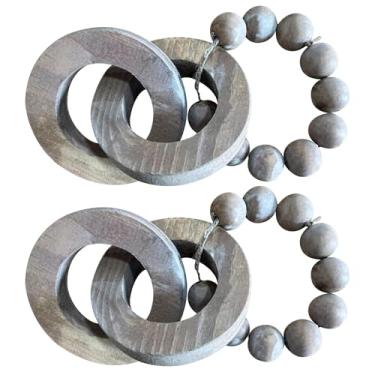 Imagem de Conjunto de 2 decorações de elos de corrente de madeira rústica, peça central de nó de madeira de 3 elos e contas para mesas de estilo de fazenda, ornamento de madeira envelhecida