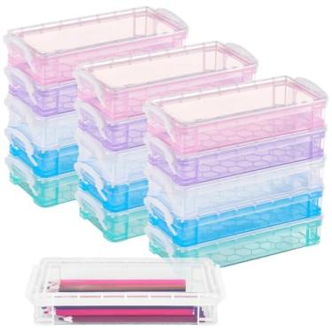 Imagem de 16 caixas de lápis transparentes de grande capacidade, estojo de caneta de cores sortidas com fivela de bloqueio, caixas de lápis de plástico transparente empilháveis, organizador de armazenamento