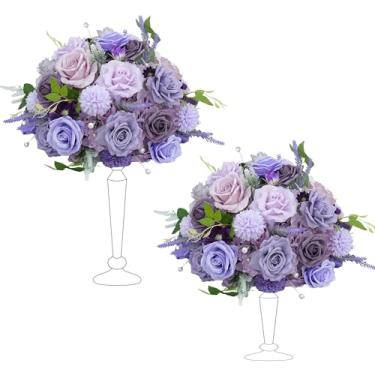 Imagem de Angela flower 2 peças de centro de mesa de 38 cm decorações de mesa lavanda e roxo flores artificiais bolas de rosas para centro de mesa de casamento buquê de festa arranjo floral falso (sem suporte)