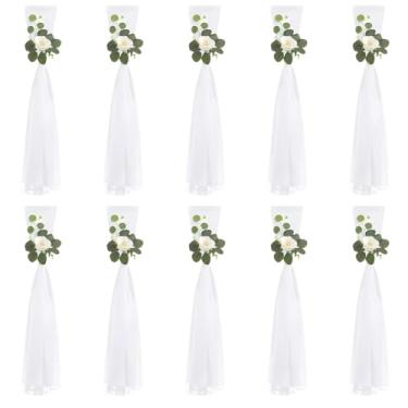 Imagem de Decorações de cadeira corredor de casamento 10 peças, flor e haste de eucalipto artificial com, capa de cadeira branca para decoração de banco de igreja, 80 cm